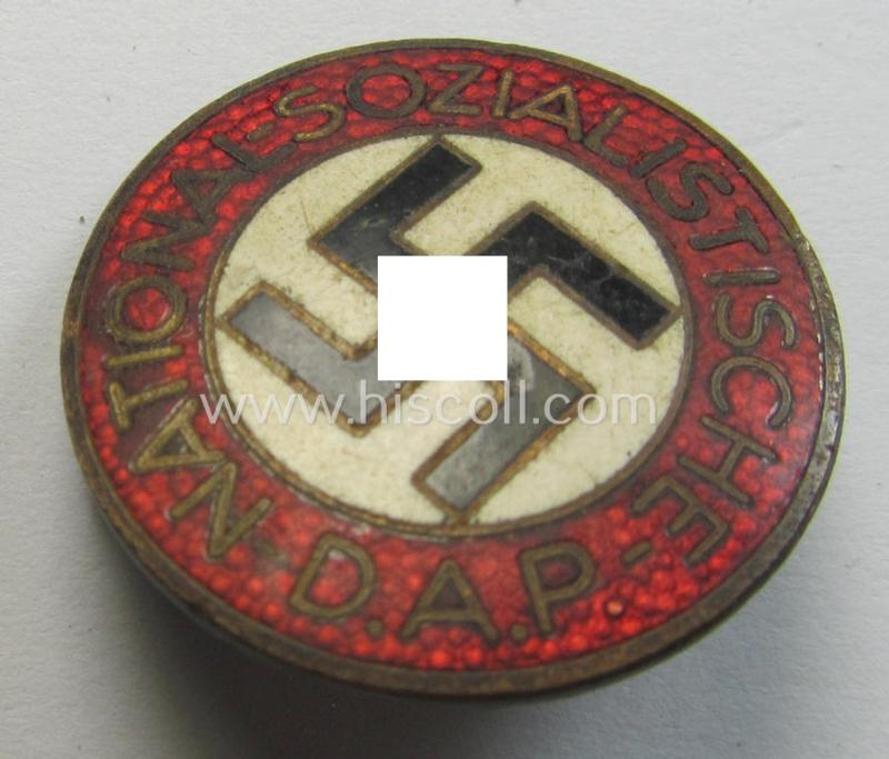 Neat - bright-red-coloured and nicely preserved! - 'N.S.D.A.P.'-membership-pin- ie. party-badge (or: 'Parteiabzeichen') which is maker-marked on its back with the makers'-designation: 'RzM' and/or: 'M1/8'