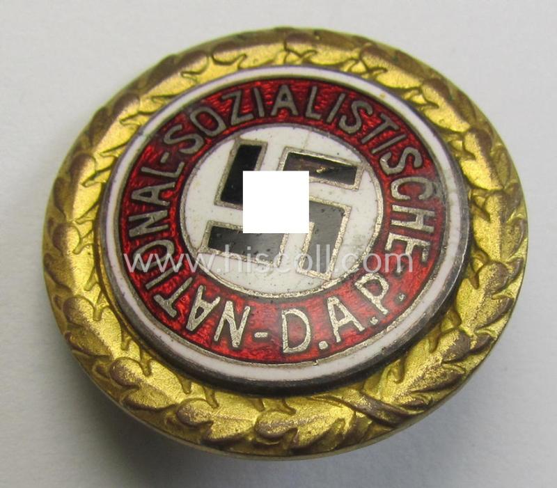 Stunning - and rarely seen! - 'Goldenes Ehrenzeichen der N.S.D.A.P.' (or: 'kleines Partei-Abzeichen für den Zivilanzug') being a smaller-sized- and maker- (ie. 'Deschler'-) marked 'variant' showing the unique bearers'-number that reads: '88605'