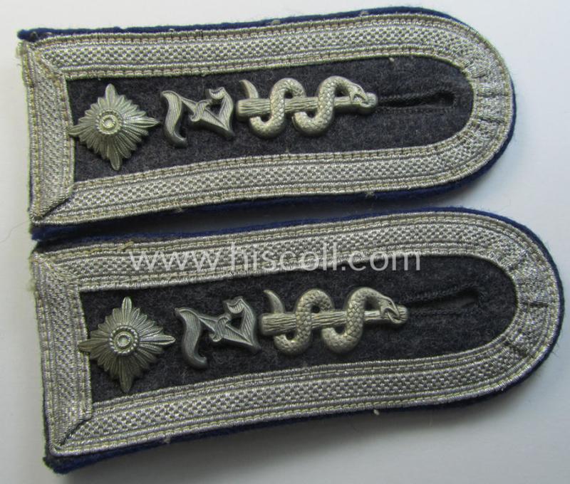 Superb - and/or fully matching and rarely seen! - neatly 'dual-cyphered' pair of WH (Luftwaffe) NCO-type shoulderstraps as piped in the darker-blue-coloured branchcolour as was intended for a: 'Feldwebel u. Zahnarzt der Sanitäts-Truppen'