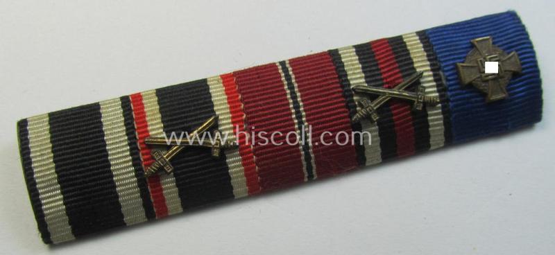 Attractive, 5-pieced, WWI- (ie. WWII-) period ribbon-bar (ie. 'Feld- o. Bandspange') showing the ribbons for an: 'EKII.Kl. ', a: 'KvKII.Kl. m. Schw.', an: 'Ost'-medal, a: 'FKK 1914-18 m. Schw.', and a: 'TD Ehrenzeichen der 2. Kl.'