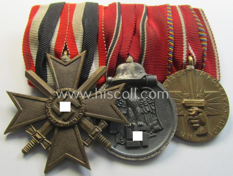 Superb, 3-pieced WWII-period medal-bar (ie. 'Ordenspange') showing respectively a: 'KvK II.Kl. mit Schwertern', an: 'Ost'-medal and a WWII-period, Romanian medal: 'Kreuzzug gegen den Kommunismus'