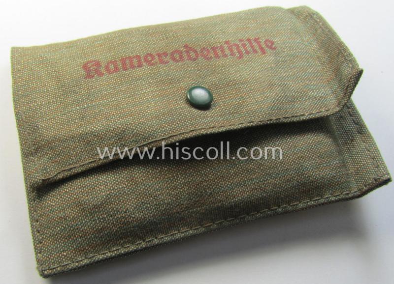 Neat, period WH personal-equipment-item: a greenish-coloured and/or linnen-based WH utensils- ie. sewing-kit pouch (sized: 12,5 x 9 cms.) marked: 'Kameradenhilfe' (that comes with various sewing-utensils as used and/or found)