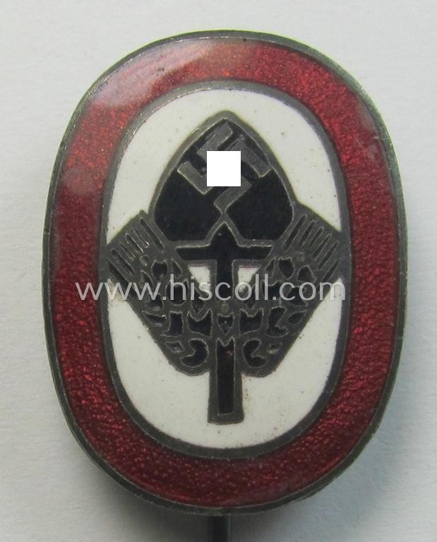 Neat, multi-coloured-enamelled lapel-pin (aka: 'RAD-Erinnerungsnadel') being a neatly maker- (ie. 'P.& L.'-) marked example that shows a: 'Ges.Gesch.'-marking as was intended for the: 'Reichsarbeitsdienst der Männer (RAD/M)'