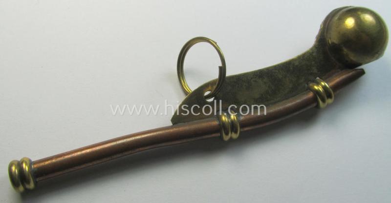 Neat, WH (Kriegsmarine) personal-equipment-item: a yellowish-golden-coloured- and (I deem) copper-based flute (ie. 'Bootsmanns-Flöte') that comes mounted onto its original 'attachement-ring'