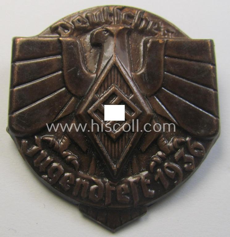 Neat - and nicely preserved! - HJ- (Hitlerjugend-) related day-badge (ie. 'tinnie' or: 'Veranstaltungsabzeichen') as was issued to commemorate participation in a HJ-related gathering ie. rally named: 'Deutsches Jugendfest 1936'