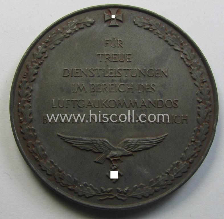 Attractive, greyish-silver-toned- (ie. 'zinc'-based), WH (Luftwaffe) related, commemorative-plaque (ie. 'Nichttragbare Verdienstmedaille') entitled: 'Für treue Dienstleistungen im Bereich des Luftgaukommandos Belgien-Nordfrankreich'