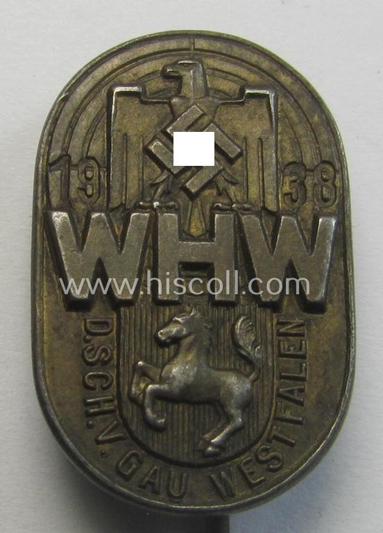 Unusual, WHW- (ie. 'Winterhilfswerke'-) ie. 'Nat. Sozialistischer Reichsbund für Leibesübungen' (or: 'N.S.R.L.') related shooting-contest lapel-pin depicting the typical 'N.S.R.L.'-logo and text that reads: 'WHW - D.Sch.V. - Gau Westfalen 1938'