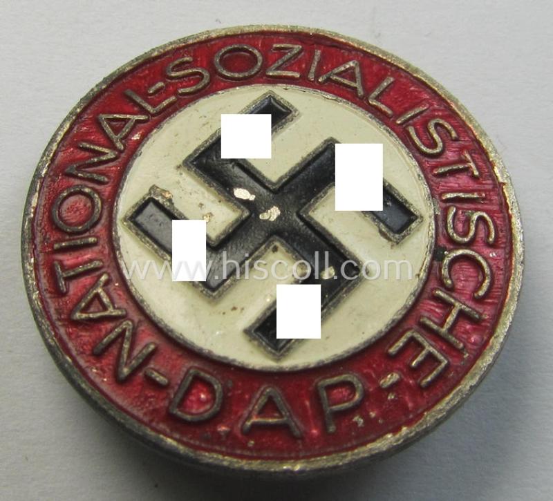 Neat, non-enamelled (ie. painted/sprayed) red-coloured- and/or 'variant'-pattern 'N.S.D.A.P.' membership-pin- ie. party-badge (or: 'Parteiabzeichen') which is nicely maker-marked on the back with the makers'-designation: 'RzM' and/or: 'M1/120'