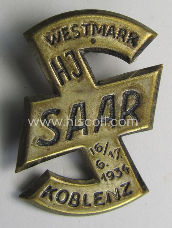 Attractive - and scarcely encountered! - HJ- (ie.'Hitlerjugend'-) related 'tinnie' being a non-maker-marked example showing a (stylised- ie. rounded) 'Wolfshook'-insignia and text that reads: 'HJ Saar - Westmark - Koblenz - 16./17.6.1934'