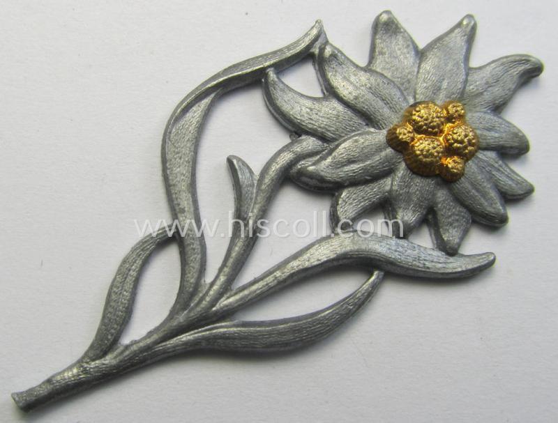 Neat, SA- (ie. 'Sturmabteilungen'-) related bright-silverish-coloured- and/or molded aluminium-based collar-tab- (ie. cap-) badge depicting an: 'Edelweiss'-flower (being an: 'RzM M1/52'-marked specimen)