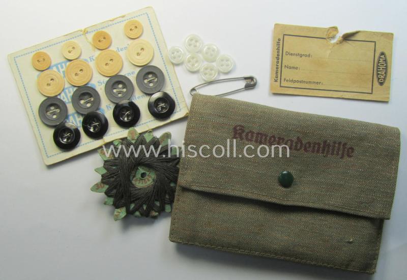 Neat, period WH personal-equipment-item: a greenish-coloured and/or linnen-based WH utensils- ie. sewing-kit pouch (sized: 12,5 x 9 cms.) marked: 'Kameradenhilfe' (that comes with various sewing-utensils as used and/or found)