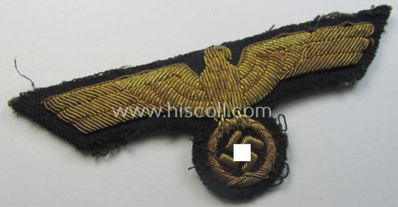 Superb - and just moderately used! - WH (Kriegsmarine) officers'-type, hand-embroidered breast-eagle (ie. 'Brustadler für Offiziere') as was executed in bright-golden-coloured braid as was intended for usage on the various officers'-pattern tunics