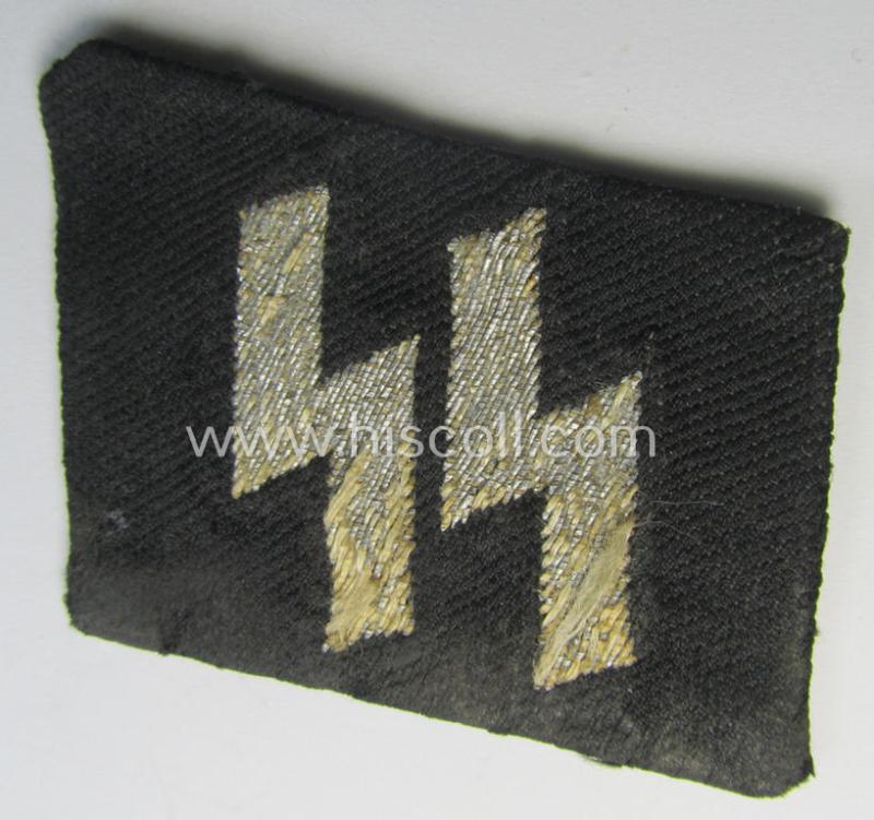 Superb, NCO-pattern Waffen-SS, runic-collar-tab (ie. 'Runen-Kragenspiegel für Unterführer der Waffen-SS') being a so-called: 'flatwire-BeVo'-woven-style example that comes in an overall nice- (albeit worn- ie. carefully tunic-removed-), condition