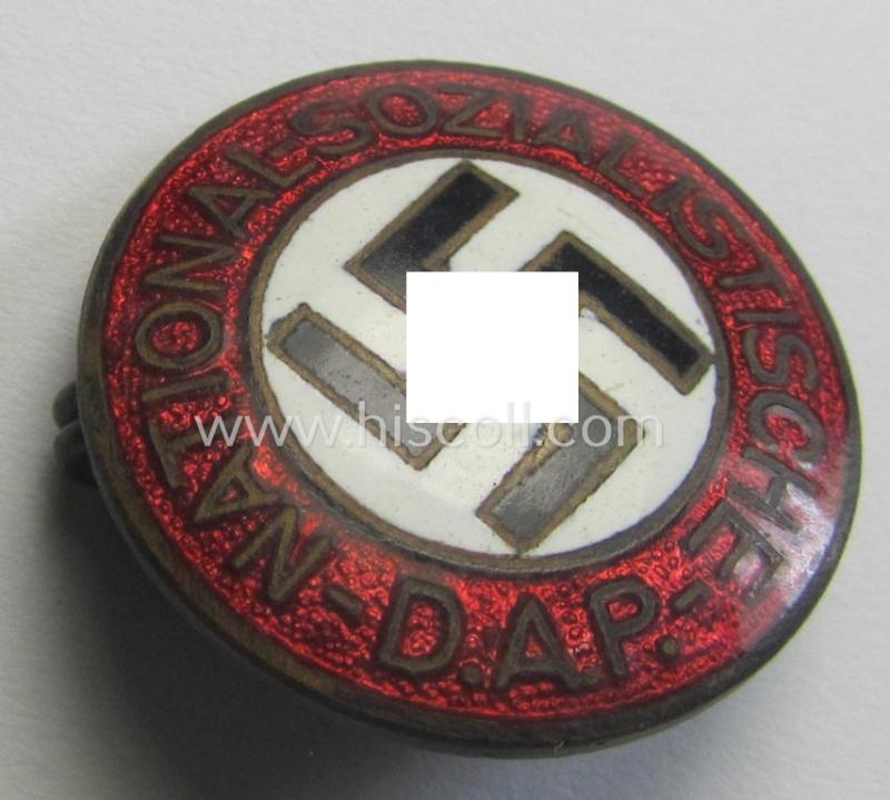 Attractive - early-period, bright-red-coloured and nicely preserved! - 'N.S.D.A.P.'-membership-pin- ie. party-badge (or: 'Parteiabzeichen') which is maker-marked on its back with just a: 'Ges.Gesch.'-patent-pending-designation