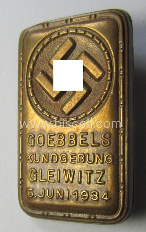 Unusally seen, commemorative reddish-bronze-coloured N.S.D.A.P.-related 'tinnie' being a non-maker-marked example depicting a large swastika coupled with the text: 'Goebbels Kundgebung - Gleiwitz - 6. Juni 1934'