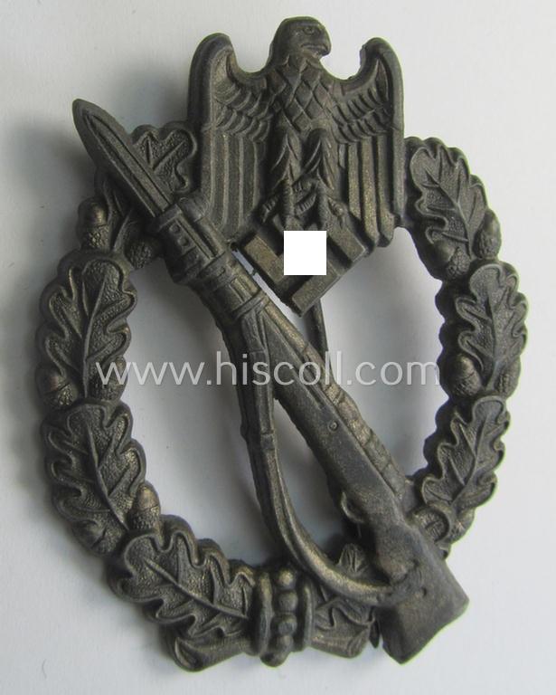 Neat - albeit regrettably incomplete - zinc- (ie. 'Feinzink'-) based example of an: 'Infanterie-Sturmabzeichen in Silber' being a maker- (ie. 'R.S.'-) marked example as produced by the Austrian maker (ie. 'Hersteller') 'Rudolf Souval'