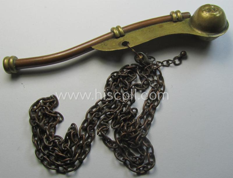 Neat, WH (Kriegsmarine) personal-equipment-item: a yellowish-golden-coloured- and (I deem) copper-based flute (ie. 'Bootsmanns-Flöte') that comes mounted onto its original chain as worn