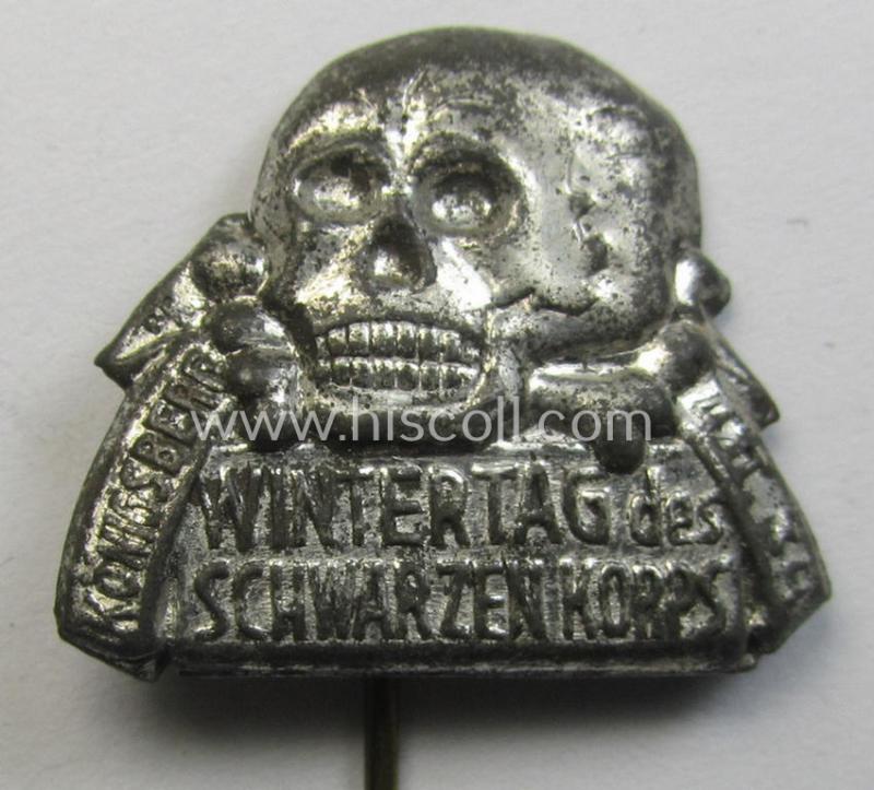 Stunning - and exceedingly rarely encountered! - early-period, SS-related 'tinnie' ie. 'Veranstaltungsabzeichen' being a non-maker-marked example showing a: 'Totenkopf' and text: 'SS-Wintertag des Schwarzen Korps - Königsberg - 4.II 1934'