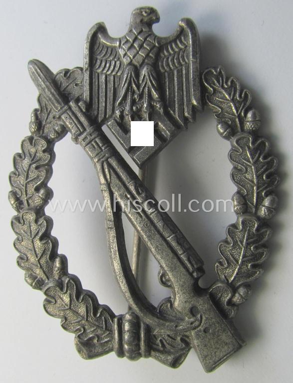 Attractive, 'Infanterie Sturmabz. in Silber' (or: silver-class infantry assault badge ie. IAB) being a detailed albeit unmarked example (of the 'long-barrel-hinge'-variant) as executed in 'Feinzink' as produced by the: 'Steinhauer & Lück'-company