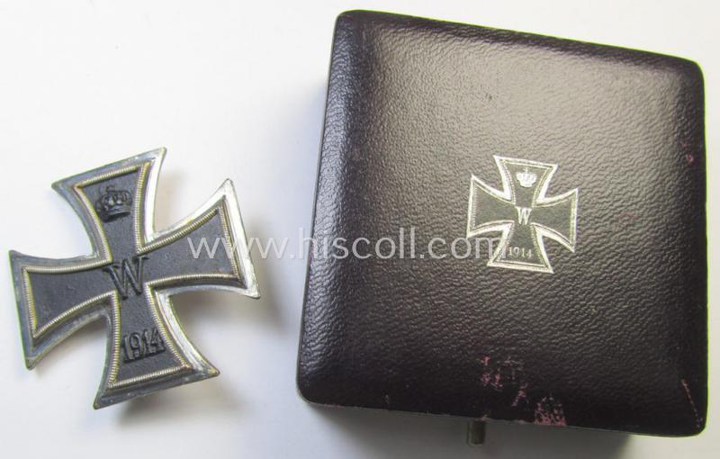 Superb, luxeriously-styled WWI-period 'Eisernes Kreuz I. Kl.' (or: iron cross first-class) being a maker- (ie. 'K.A.G.'-) marked example as executed in silver-based material and that comes stored in its period- (and scarcely seen!) purple-toned etui