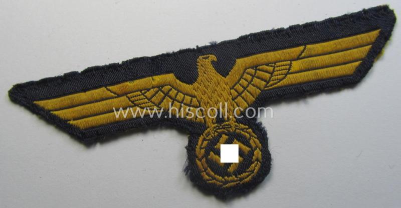 WH (Kriegsmarine) breast-eagle (ie. 'Brustadler für Mannschaften u. Uffz. der Kriegsmarine') being a 'standard-pattern'- and neatly 'BeVo'-woven example that comes in a moderately used- ie. carefully tunic-removed, condition