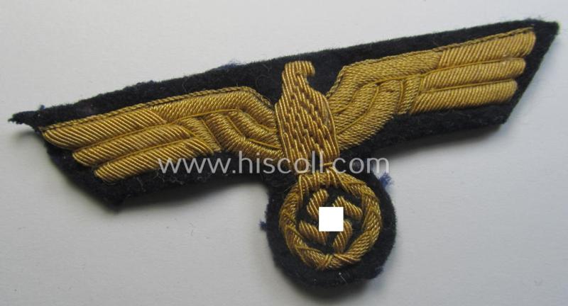 Superb - and just moderately used! - WH (Kriegsmarine) officers'-type, hand-embroidered breast-eagle (ie. 'Brustadler für Offiziere') as was executed in bright-golden-coloured, so-called: 'Cellueon'-based material