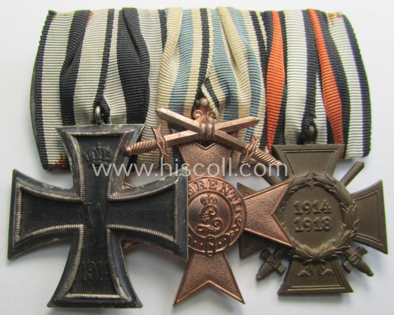 Attractive, WWI-period so-called: 'Ordenspange' (being of the non-'detachable-pattern') showing resp. an: 'EK II. Klasse', a: 'Bayern Militär-Verdienstkreuz 3. Kl. mit der Krone' and a: 'FKK 1914-18 mit Schw.' and that comes as recently found