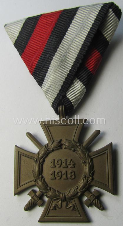 Interesting medal-set: a WWI-period: 'Frontkämpferkreuz 1914-18 mit Schwn.' (ie.: 'Kriegsteilnehmerkreuz 1914-18 mit Schw.') that came mounted onto its (scarcely seen!) Austrian-styled ribbon (ie. 'Bandabschnitt')