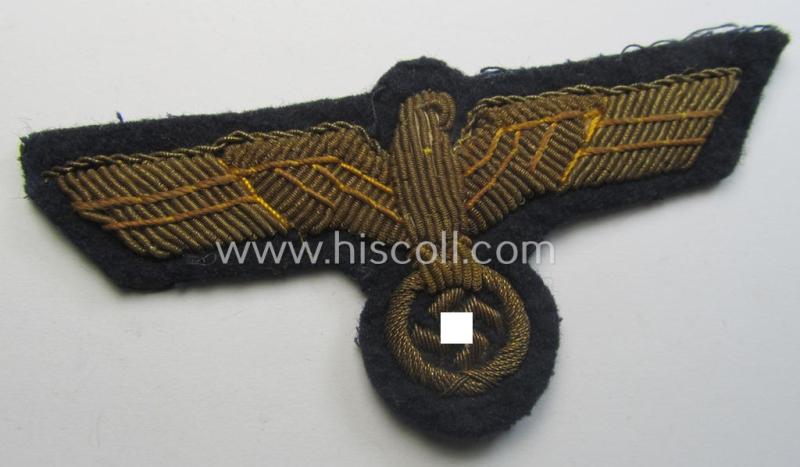 Superb - and just moderately used! - WH (Kriegsmarine) officers'-type, hand-embroidered breast-eagle (ie. 'Brustadler für Offiziere') as was executed in bright-golden-coloured braid as was intended for usage on the various officers'-pattern tunics