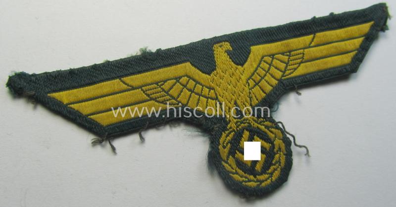 WH (Kriegsmarine o. Küsten-Art.) breast-eagle (ie. 'Brustadler für Mannschaften u. Uffz. der Kriegsmarine') being a 'standard-pattern'- and neatly 'BeVo'-woven example that comes in a moderately used- ie. carefully tunic-removed, condition