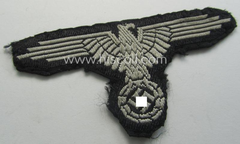 Superb - and truly worn! - mid- (ie. later-war-) pattern, 'SS' (ie. 'Waffen-SS') 'BeVo-weave-style', EM- (ie. NCO-) pattern arm-eagle (ie. 'Ärmeladler für Mannschaften u. Unterführer') as was intended for usage by the various Waffen-SS troops