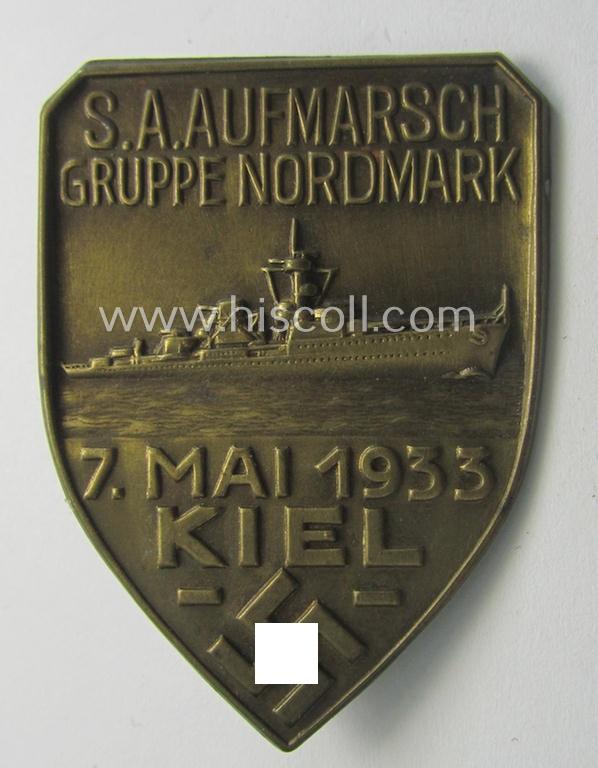 Neat - and scarcely encountered! - SA- (ie. 'Sturmabteilungen'-) related 'tinnie' being a non-maker-marked example showing a battle-ship and text: 'S.A. Aufmarsch Gruppe Nordmark - 7. Mai 1933 - Kiel'