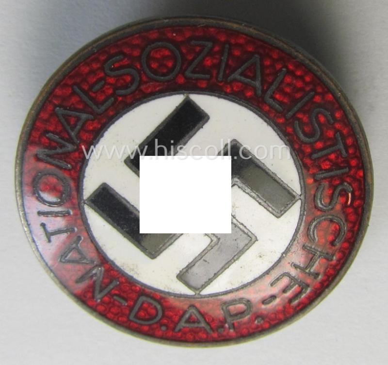 Neat - bright-red-coloured and nicely preserved! - 'N.S.D.A.P.'-membership-pin- ie. party-badge (or: 'Parteiabzeichen') which is maker-marked on its back with the makers'-designation: 'RzM' and/or: 'M1/8'