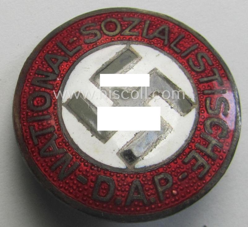 Attractive - bright-red-coloured and nicely preserved! - 'N.S.D.A.P.'-membership-pin- ie. party-badge (or: 'Parteiabzeichen') which is maker-marked on its back with the makers'-designation: 'RzM' and/or: '63'