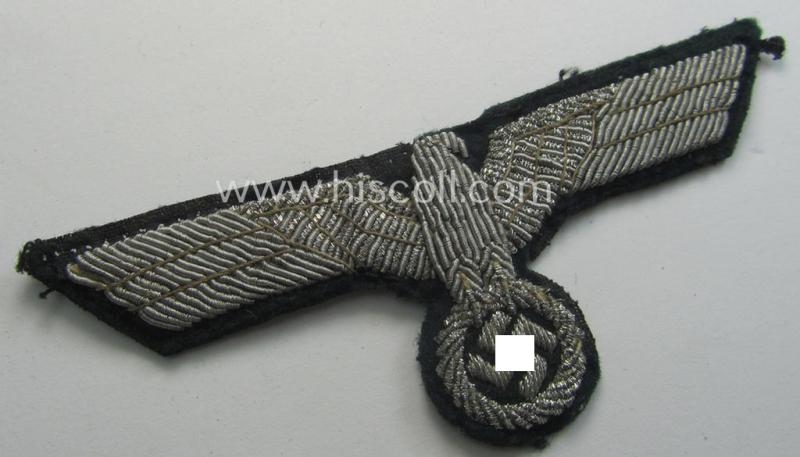 Attractive - and moderately used! - WH (Heeres) officers'-type, hand-embroidered breast-eagle (ie. 'Brustadler für Offiziere') as was executed in bright-silverish-coloured braid as was intended for usage on the various officers'-pattern tunics