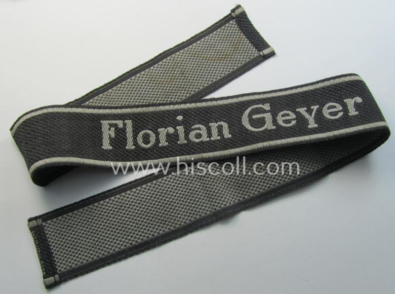 Superb, Waffen-SS, 1943-pattern cuff-title (ie. 'Ärmelstreifen') depicting the ('BeVo') machine-woven, Latin script text in silverish-grey linnen as was intended for a member of the: '8. SS-Kavallerie-Division “Florian Geyer”