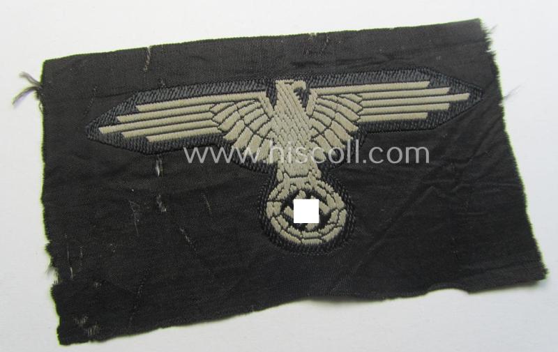 Superb, mid- (ie. later-war-) pattern, 'SS' (ie. 'Waffen-SS') so-called: 'BeVo-weave-style', enlisted-mens'- ie. NCO-pattern arm-eagle (ie. 'Ärmeladler für Mannschaften u. Unterführer') as was intended for usage by the various Waffen-SS troops