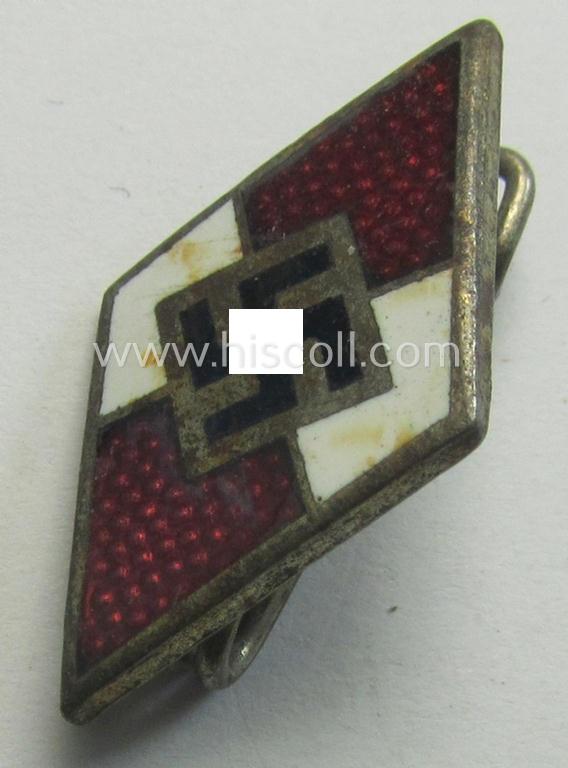 Neat - albeit moderately worn! - HJ (ie. 'Hitlerjugend') enamelled lapel-pin (ie.: 'Raute') being a bright-red-coloured- and/or detailed - and non-cleaned and untouched! - example showing an: 'RzM - M1/148'-makers'-designation