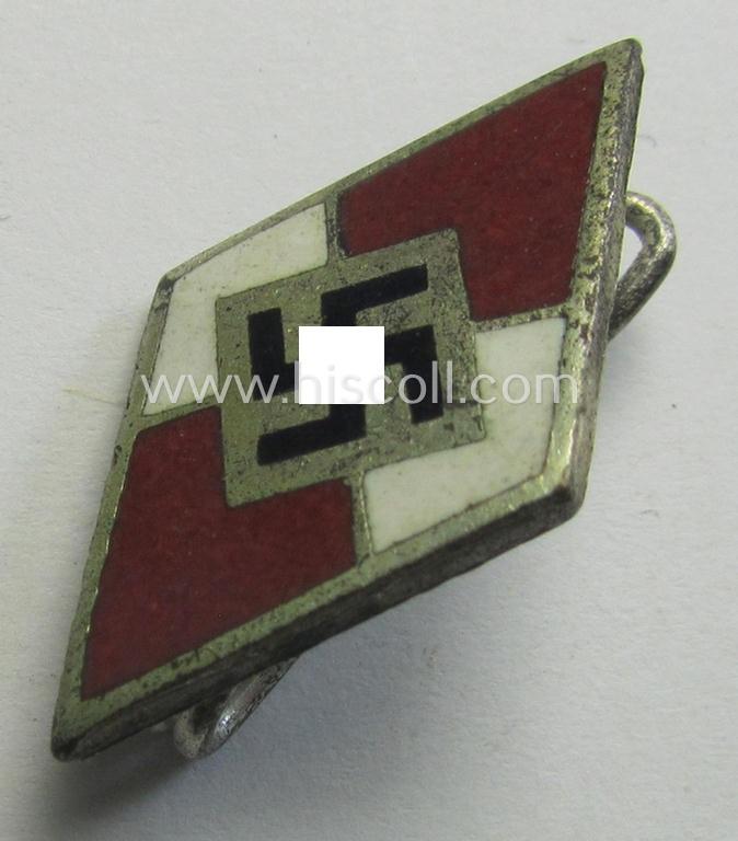 Neat - albeit moderately worn! - HJ (ie. 'Hitlerjugend') enamelled lapel-pin (ie.: 'Raute') being a bright-red-coloured- (ie. 'opal'-styled) - and non-cleaned and untouched! - example showing an: 'RzM - M1/105'-makers'-designation