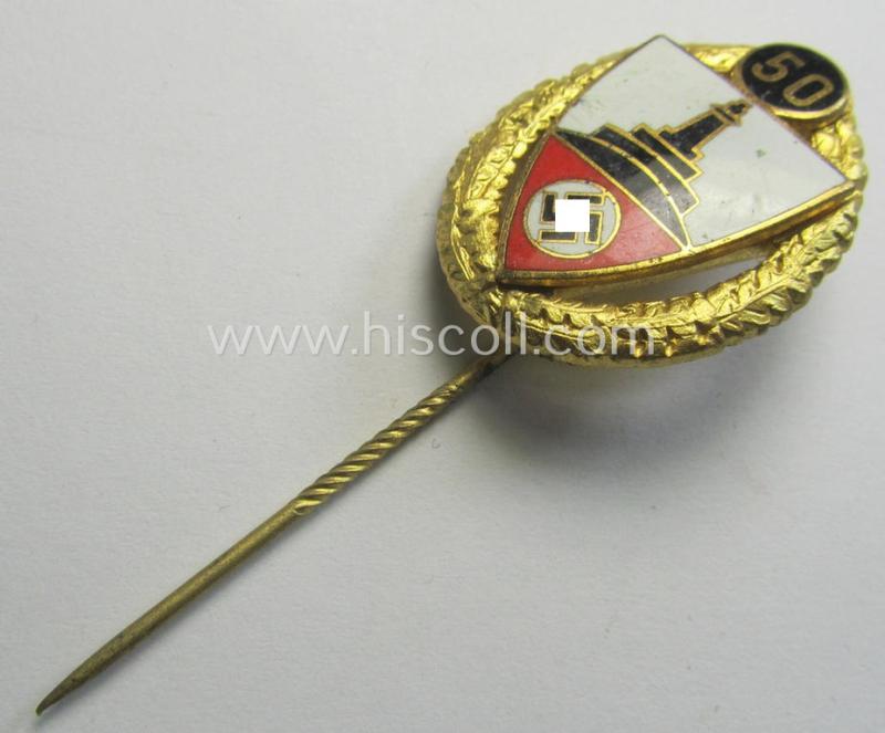 Attractive, honorary-membership lapel-pin (aka: 'Goldene Ehrennadel für 50 Jahre Mitgliedschaft im Deutscher Reichskriegerbund Kyffhäuser' (ie. 'D.R.K.B.') being a non-maker-marked example that bears a: 'Ges.Gesch.'-designation on its back