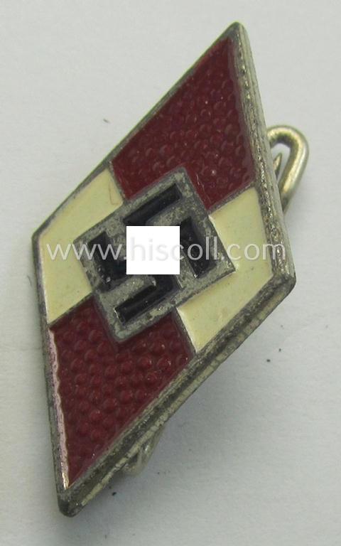 Neat - albeit moderately worn! - HJ (ie. 'Hitlerjugend') painted ie. sprayed lapel-pin (ie.: 'Raute') being a bright-red-coloured- and/or detailed - and non-cleaned and untouched! - example showing an: 'RzM - M1/120'-makers'-designation