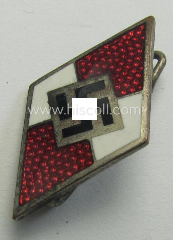 Neat - albeit moderately worn! - HJ (ie. 'Hitlerjugend') enamelled lapel-pin (ie.: 'Raute') being a bright-red-coloured- and/or detailed - and non-cleaned and untouched! - example showing an: 'RzM - M1/72'-makers'-designation