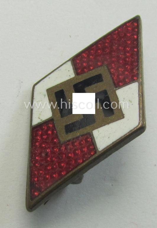 Neat - albeit moderately worn! - I deem very early-period, HJ (ie. 'Hitlerjugend') enamelled lapel-pin (ie.: 'Raute') being a detailed - and non-cleaned and untouched! - example that is void of an: 'RzM'-makers'-designation