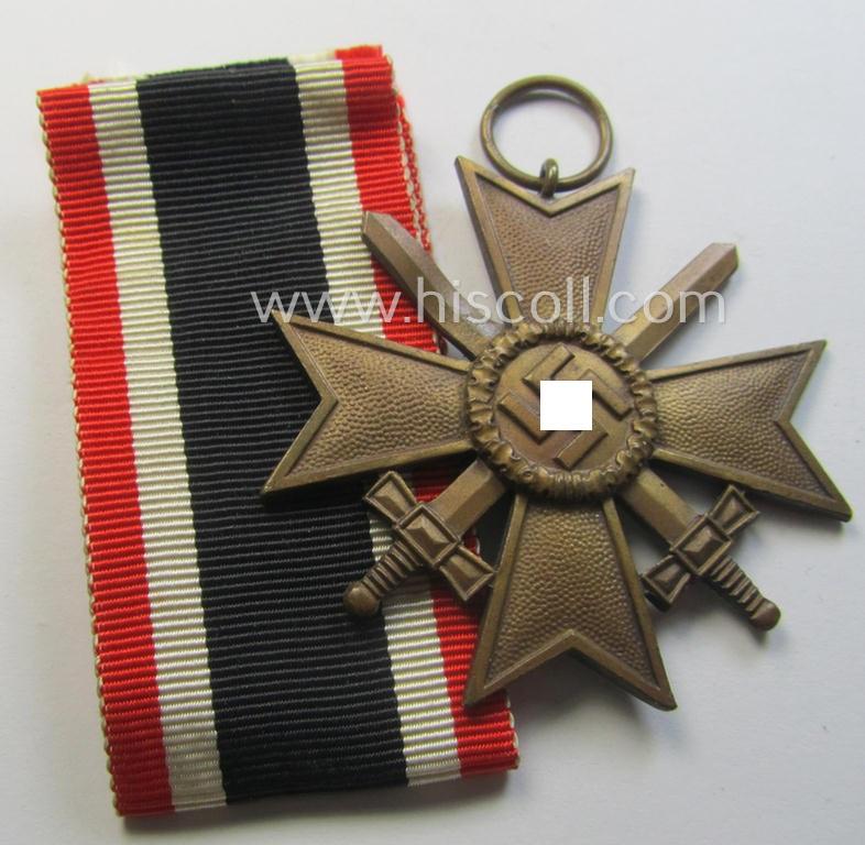 Medal-set: 'KvK II. Klasse mit Schwertern' being a clearly maker- (ie. '90'-) marked- (and/or 'Buntmetall'-based) specimen that came together with its original, minimally confectioned ribbon (ie. 'Bandabschnitt')