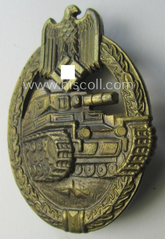 Superb - and 'virtually mint'! - 'Panzerkampfabzeichen in Bronze' (or: bronze-class panzer assault badge or PAB) being a neat (I deem) somewhat later-war-period zinc- (ie. 'Feinzink'-) version as was procuced by the: 'Frank u. Reif'-company