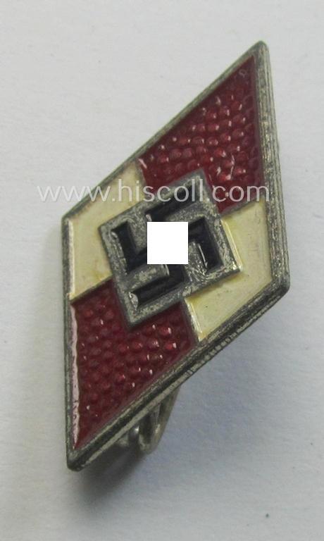 Neat - albeit moderately worn! - HJ (ie. 'Hitlerjugend') painted ie. sprayed lapel-pin (ie.: 'Raute') being a bright-red-coloured- and/or detailed - and non-cleaned and untouched! - example showing an: 'RzM - M1/10'-makers'-designation