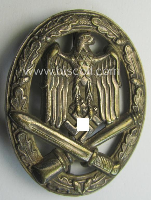 Attractive - and moderately used- ie. worn! - 'Allgemeines Sturmabzeichen' (or: General Assault Badge ie. GAB) being a (typical) unmarked 'Buntmetall'-based and/or scarcely seen 'hollow-back'-version as produced by the: 'Otto Schickle'-company