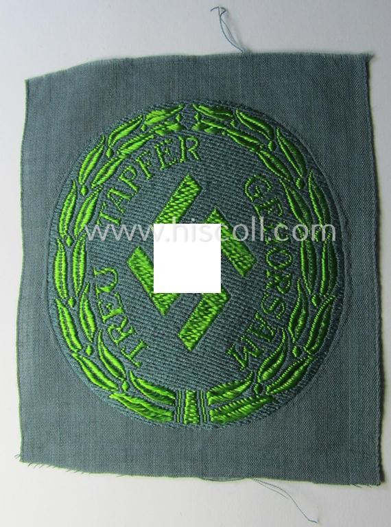 Superb - and rarely encountered! - (I deem) enlisted-mens'-type, so-called: 'Schutzmannschaften' (or: 'Schuma') armshield, as executed in bright-green-coloured thread on a (typical police) green-coloured background