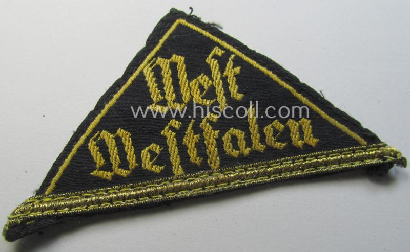 Superb, 'HJ' (ie. 'Hitlerjugend') early-period district-triangle (ie. 'Gebietsdreieck') entitled: 'West Westfalen' (having a bright-golden-toned 'honorary rank-stripe' attached, signifying HJ-membership before 1933)