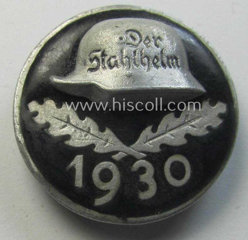 Attractive - and unusually-styled! - aluminium-based lapel-pin: 'Der Stahlhelm' - Bund der Frontsoldaten (Sta) - Eintrittsabzeichen 1930' being a non-engraved but maker-marked example that comes in an overall nice condition